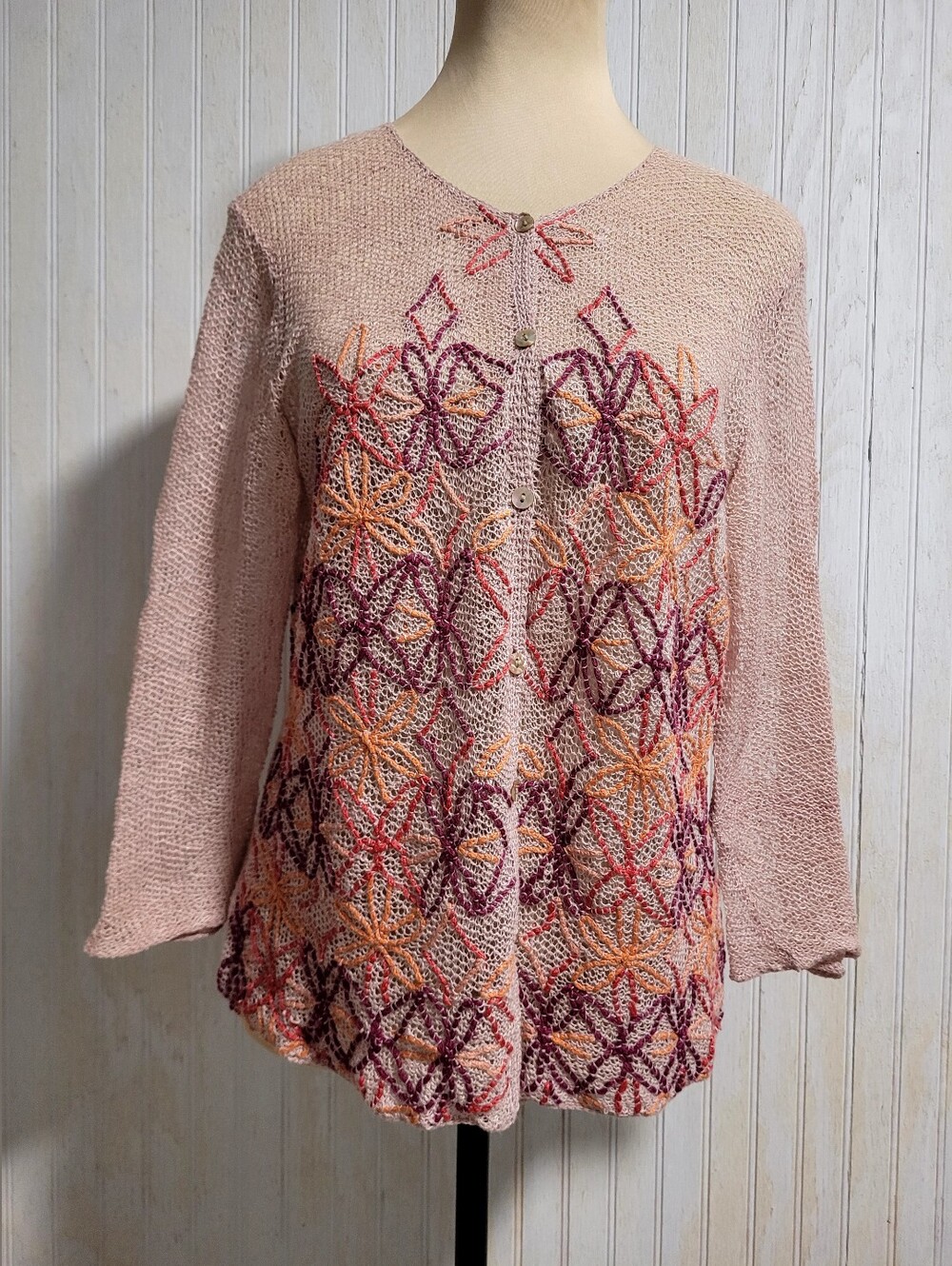 Michael Simon Vintage 100% Linen Floral Embroidered Cardigan Sweater Medium